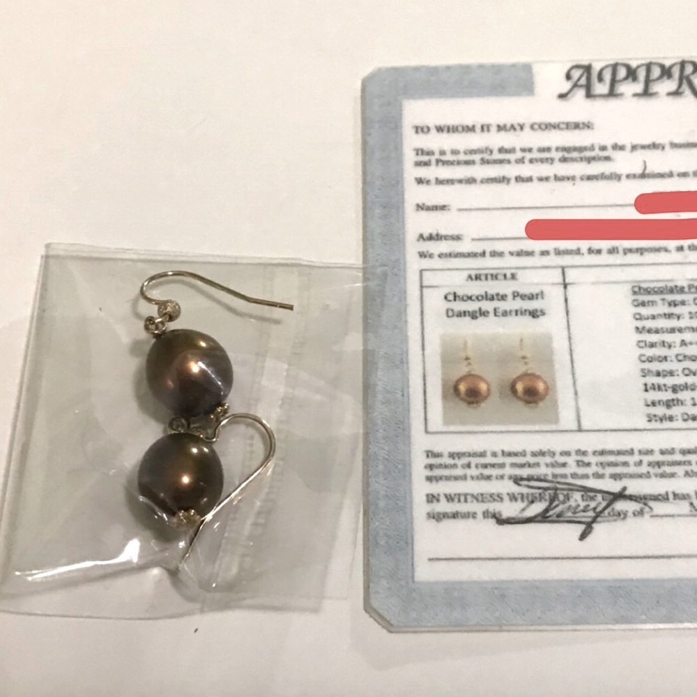 Earrings Chocolate Pearl Dangles. 14kt gold